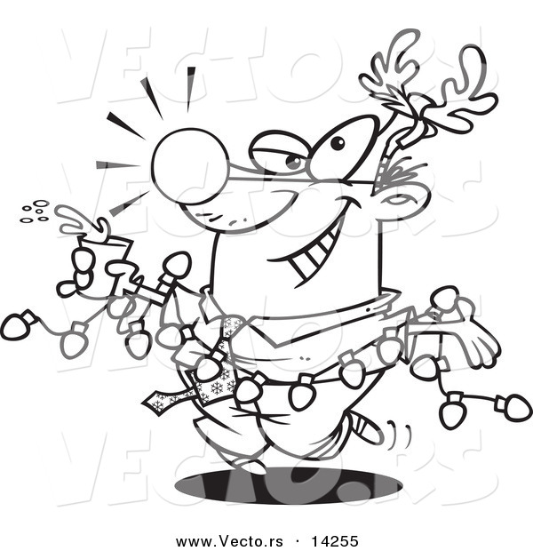 Vector of a Cartoon Businessman Wearing Antlers and Holding a Drink While Draped in Christmas Lights - Coloring Page Outline