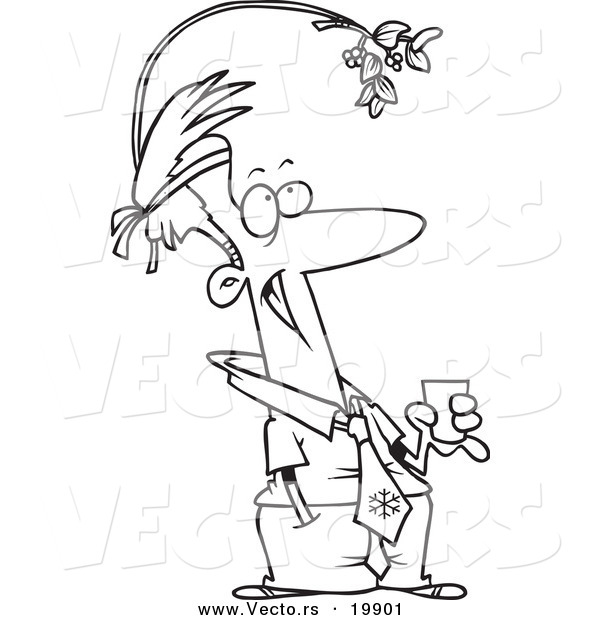 Vector of a Cartoon Businessman Wearing Mistletoe at the Office Christmas Party - Outlined Coloring Page
