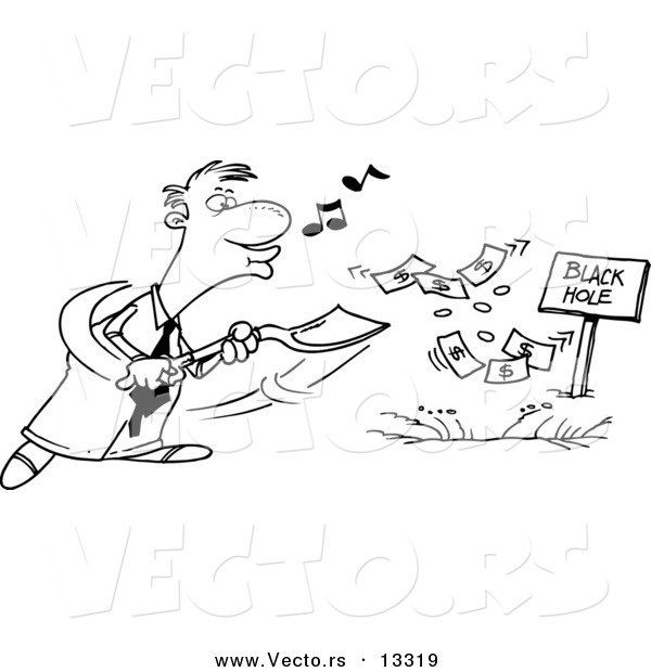 Vector of a Cartoon Businessman Whistling and Burying Money in a Black Hole - Coloring Page Outline