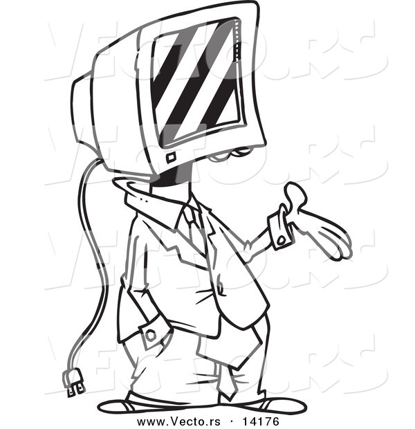 Vector of a Cartoon Businessman with a Computer Head - Coloring Page Outline