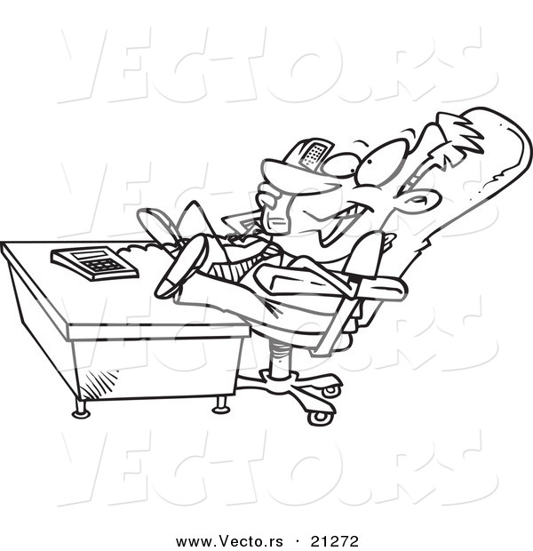 Vector of a Cartoon Businessman with His Feet Resting on Office Desk - Coloring Page Outline