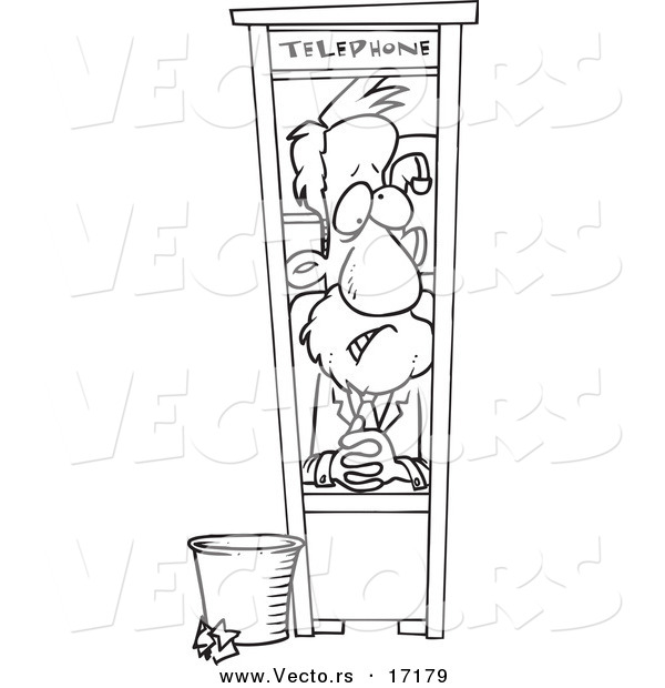 Vector of a Cartoon Businessman Working in a Tiny Telephone Booth - Coloring Page Outline