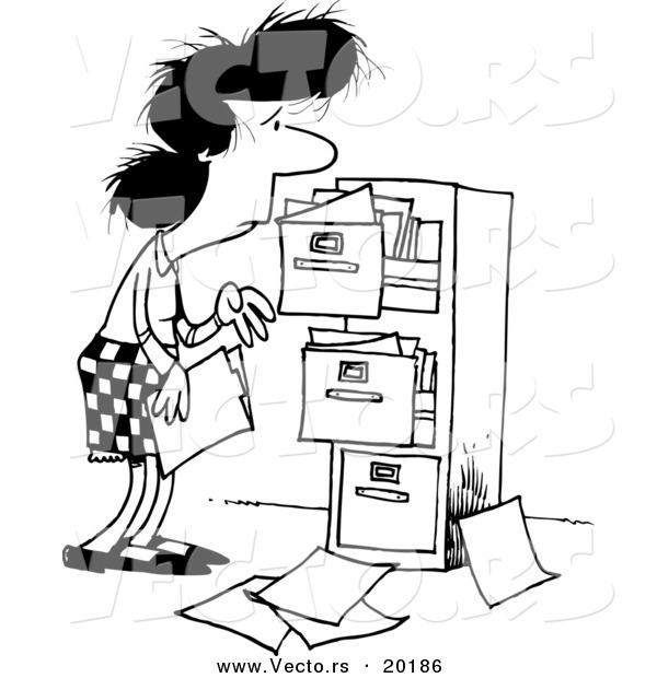Vector of a Cartoon Businesswoman at a Messy Cabinet - Outlined Coloring Page