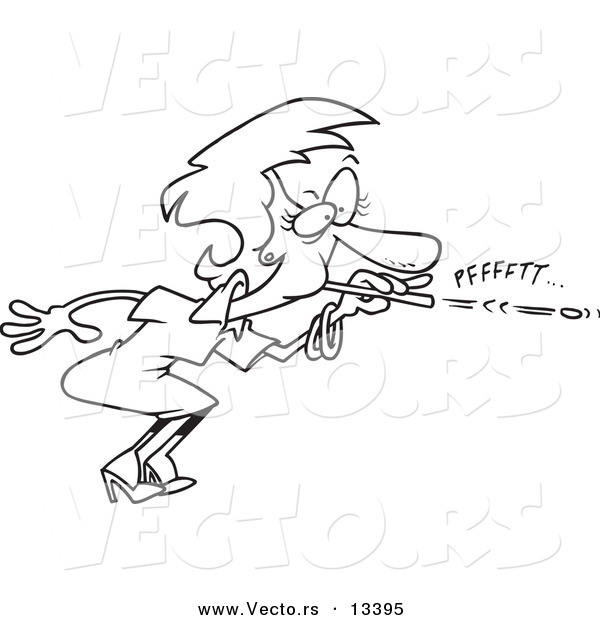 Vector of a Cartoon Businesswoman Blowing a Wad Through a Straw - Coloring Page Outline