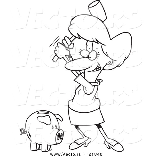 Vector of a Cartoon Businesswoman Breaking a Piggy Bank - Outlined Coloring Page