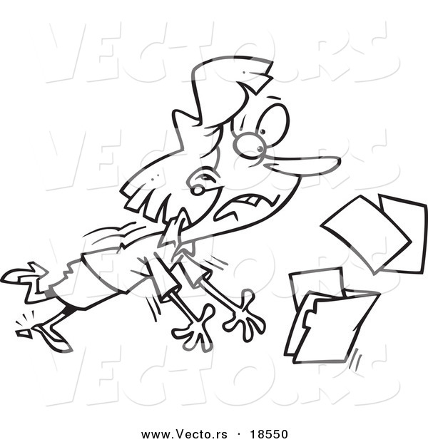 Vector of a Cartoon Businesswoman Breaking Her Heel and Spilling Files - Outlined Coloring Page