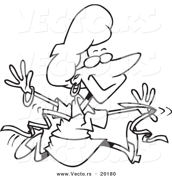Vector of a Cartoon Businesswoman Breaking Through a Finish Line Ribbon - Outlined Coloring Page