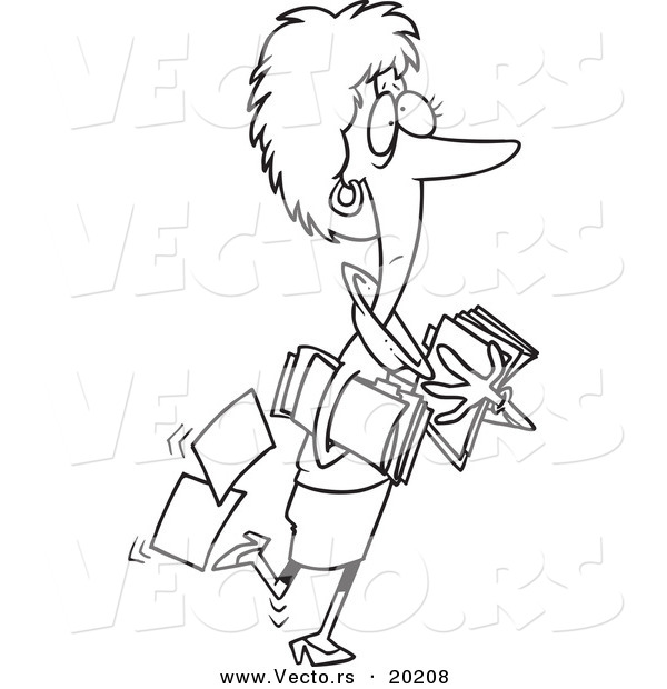 Vector of a Cartoon Businesswoman Carrying and Dropping Files - Outlined Coloring Page