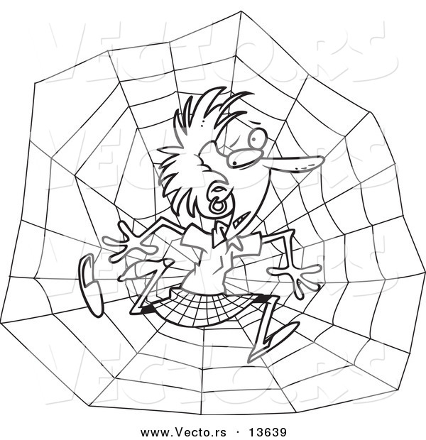Vector of a Cartoon Businesswoman Caught in a Web - Coloring Page Outline