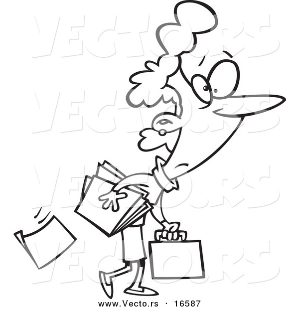 Vector of a Cartoon Businesswoman Dropping Paperwork - Outlined Coloring Page Drawing