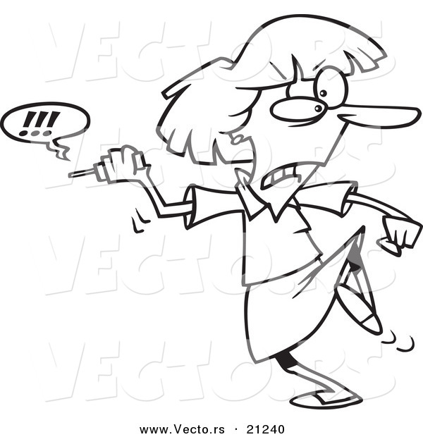 Vector of a Cartoon Businesswoman Fed up with Her Cell Phone - Coloring Page Outline