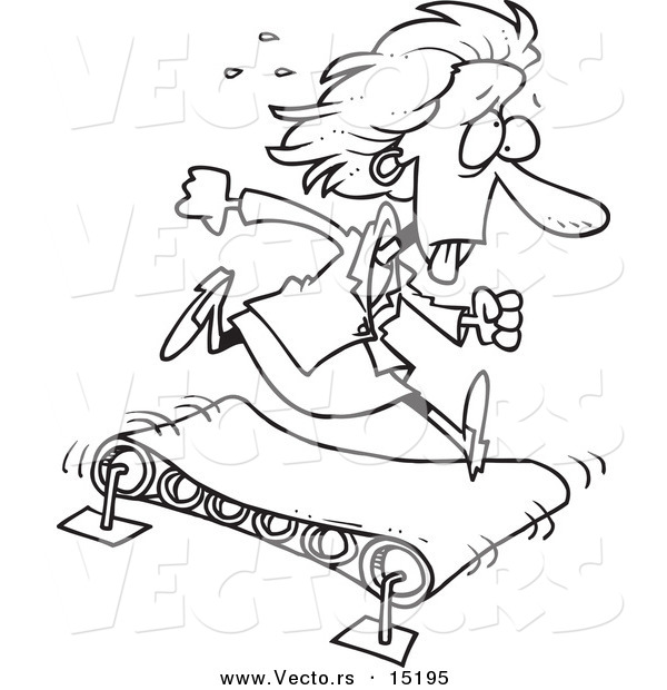 Vector of a Cartoon Businesswoman Getting Nowhere on a Treadmill - Coloring Page Outline