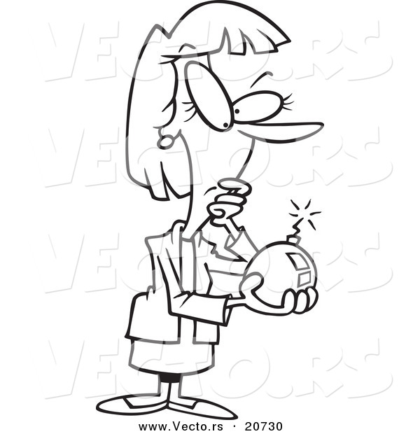 Vector of a Cartoon Businesswoman Holding a Bomb - Coloring Page Outline