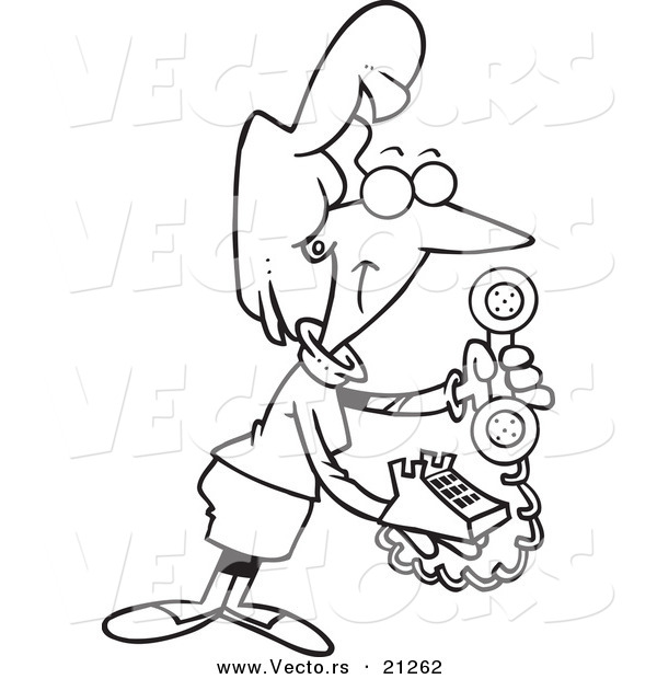 Vector of a Cartoon Businesswoman Holding a Desk Phone - Coloring Page Outline