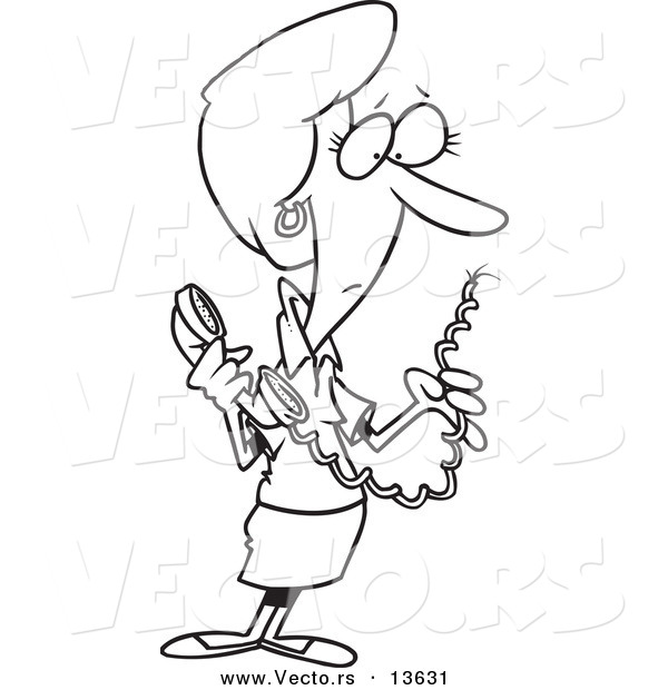 Vector of a Cartoon Businesswoman Holding a Landline Phone with a Cut Cord - Coloring Page Outline