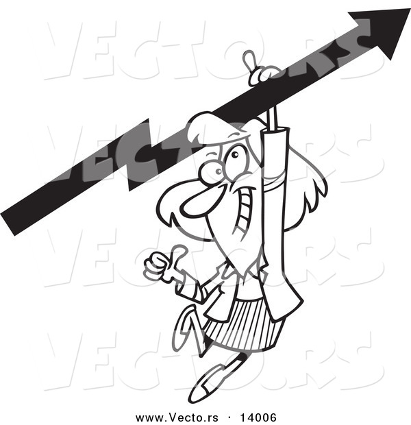 Vector of a Cartoon Businesswoman Holding a Thumb up and Hanging from an Upward Arrow - Coloring Page Outline