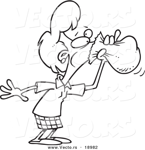Vector of a Cartoon Businesswoman Hyperventilating into a Bag - Outlined Coloring Page