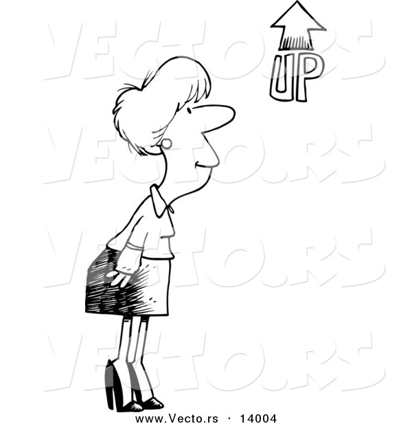 Vector of a Cartoon Businesswoman Looking at an up Arrow - Coloring Page Outline