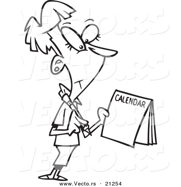 Vector of a Cartoon Businesswoman Marking Her Calendar - Coloring Page Outline