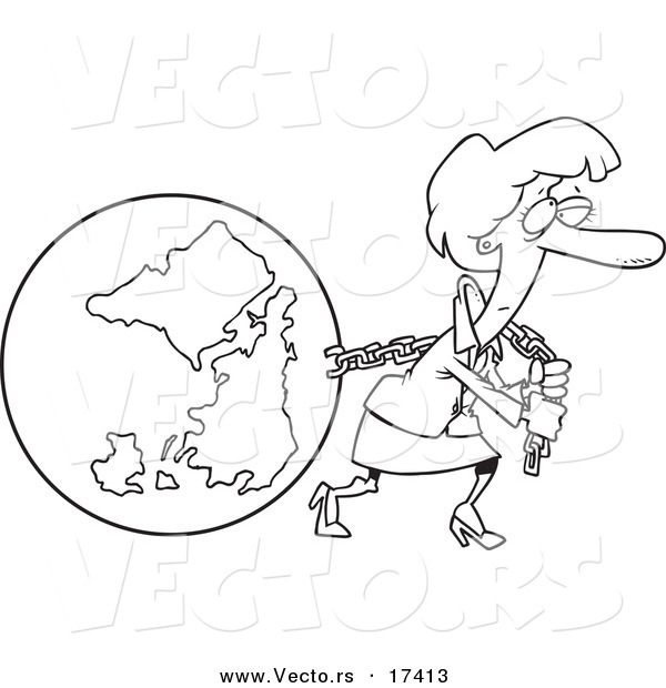 Vector of a Cartoon Businesswoman Pulling Earth - Coloring Page Outline