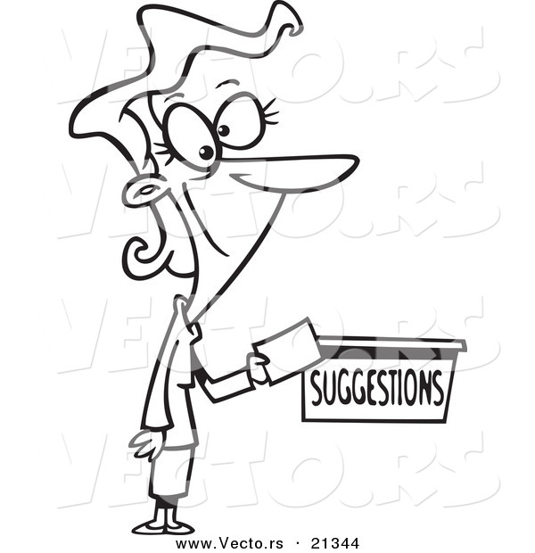 Vector of a Cartoon Businesswoman Putting a Comment in a Suggestion Box - Outlined Coloring Page
