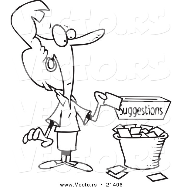Vector of a Cartoon Businesswoman Putting a Complaint in a Suggestion Box - Outlined Coloring Page