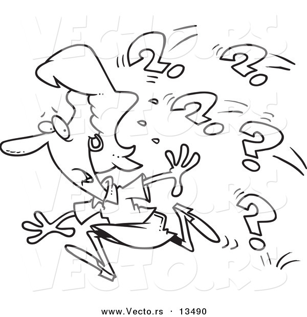 Vector of a Cartoon Businesswoman Running from Questions - Coloring Page Outline