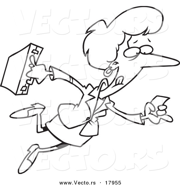 Vector of a Cartoon Businesswoman Running with a Lead - Outlined Coloring Page