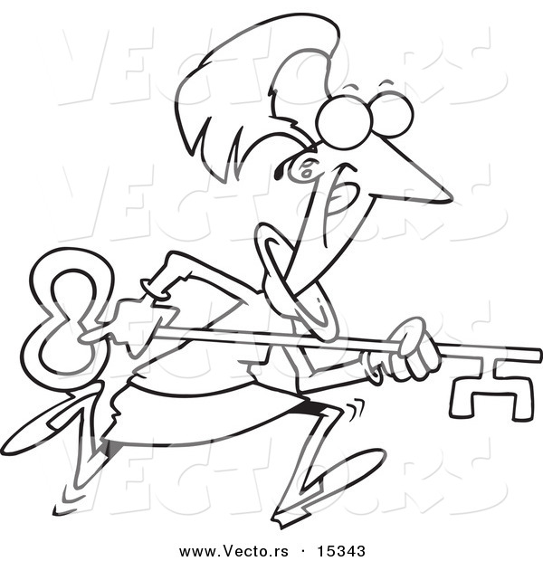 Vector of a Cartoon Businesswoman Running with an Opportunity Key - Coloring Page Outline