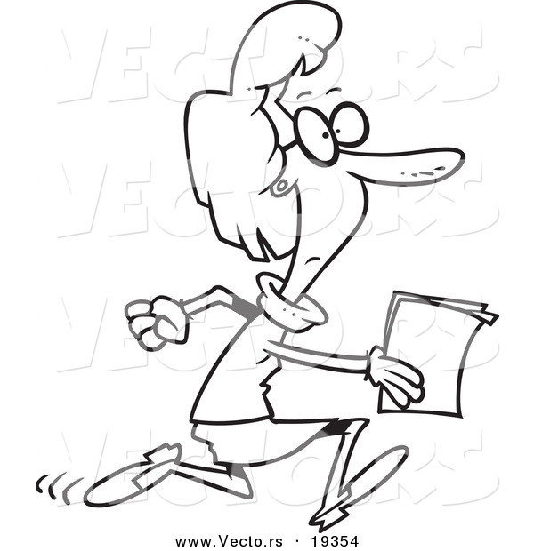 Vector of a Cartoon Businesswoman Running with Documents - Outlined Coloring Page