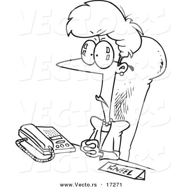Vector of a Cartoon Businesswoman Sitting at Her Desk with a Kneel Sign - Coloring Page Outline