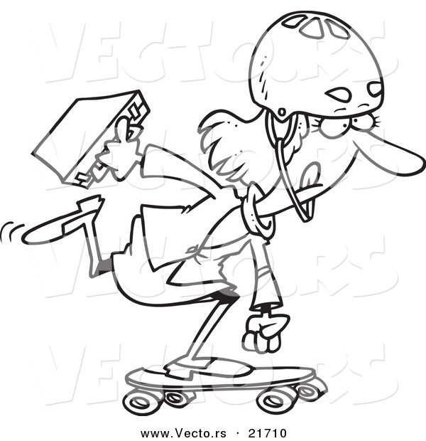 Vector of a Cartoon Businesswoman Skateboarding to Work - Outlined Coloring Page