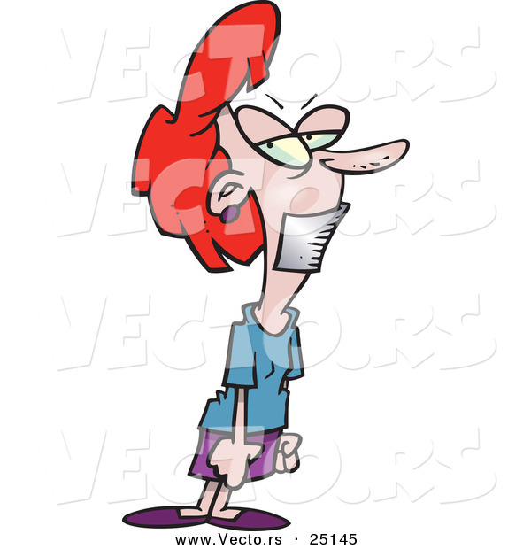 Vector of a Cartoon Businesswoman Standing Angrily with Tape over Her Mouth