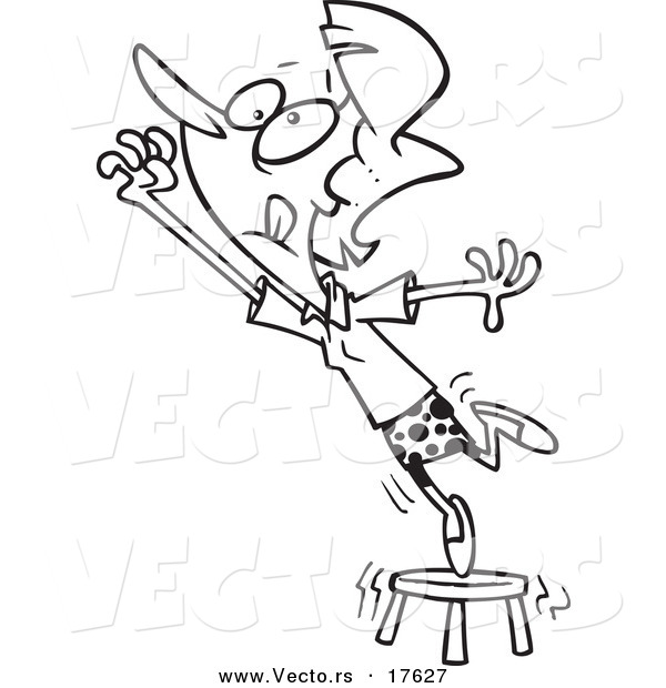 Vector of a Cartoon Businesswoman Standing on a Stool and Reaching - Coloring Page Outline