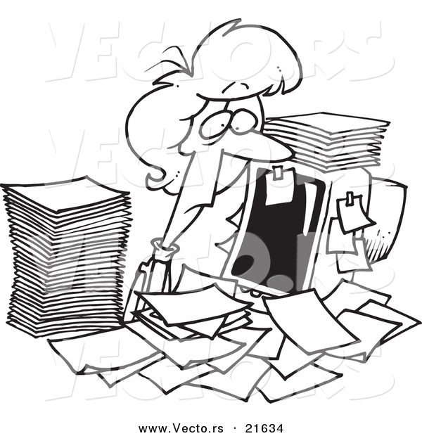 Vector of a Cartoon Businesswoman Surrounded by Paperwork at Her Office Desk - Outlined Coloring Page