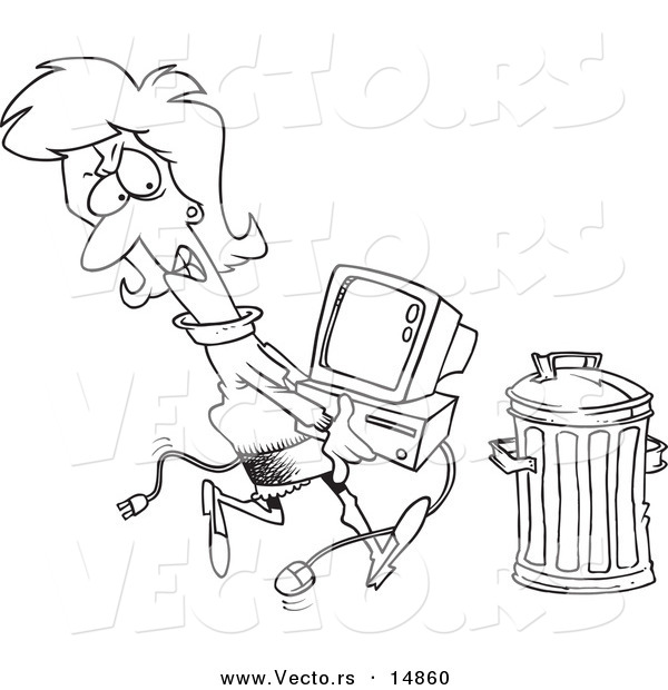 Vector of a Cartoon Businesswoman Throwing Away a Broken Computer - Coloring Page Outline