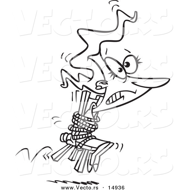 Vector of a Cartoon Businesswoman Tied to a Chair and Working Overtime - Coloring Page Outline