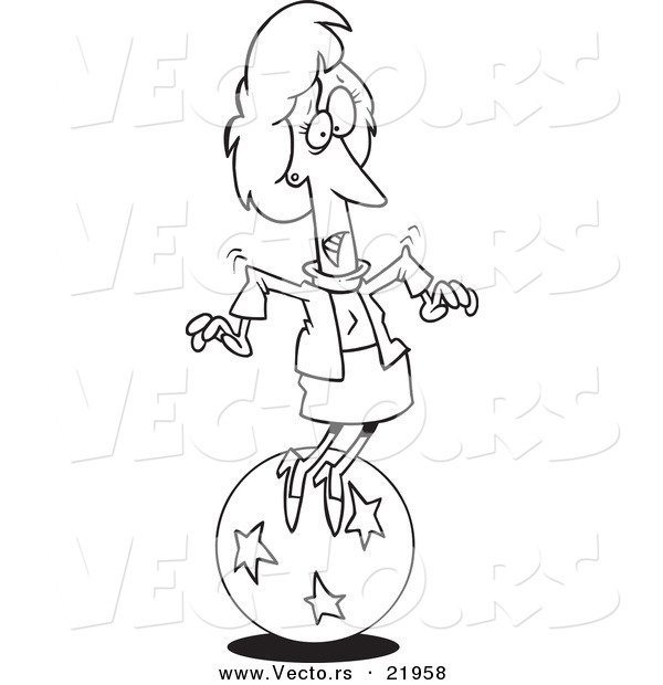 Vector of a Cartoon Businesswoman Trying to Balance on a Ball - Outlined Coloring Page
