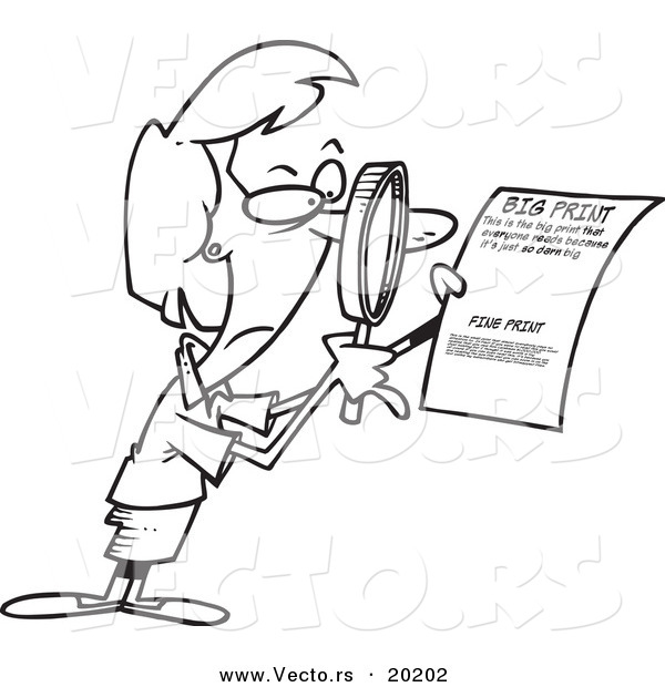 Vector of a Cartoon Businesswoman Using a Magnifying Glass to Read the Fine Print - Outlined Coloring Page