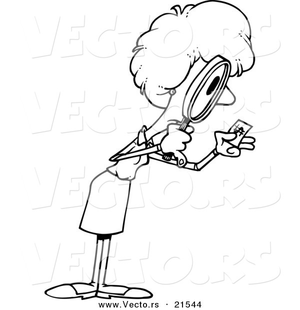 Vector of a Cartoon Businesswoman Viewing Money Through a Magnifying Glass - Outlined Coloring Page