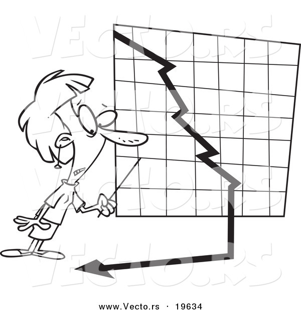 Vector of a Cartoon Businesswoman Watching a down Turn Arrow - Outlined Coloring Page