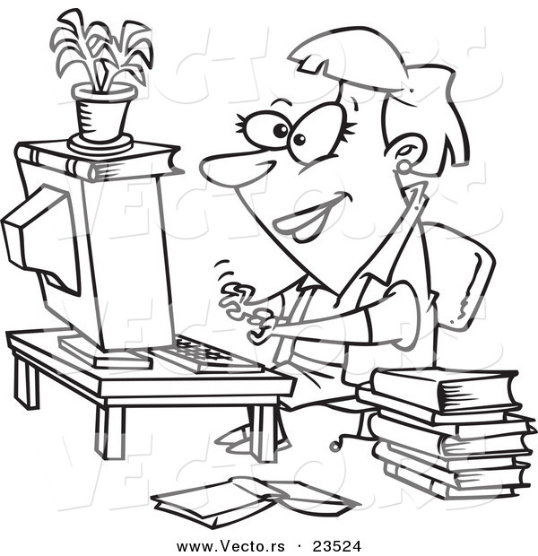 Vector of a Cartoon Businesswoman Working on a Computer - Coloring Page Outline