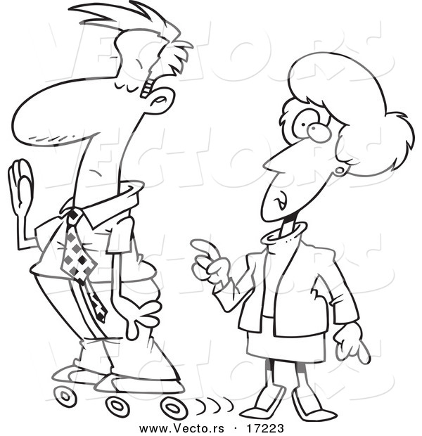 Vector of a Cartoon Busy Businessman Rollerskating past His Boss - Coloring Page Outline