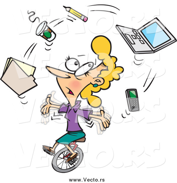 Vector of a Cartoon Busy Businesswoman Juggling Office Items on a Unicycle
