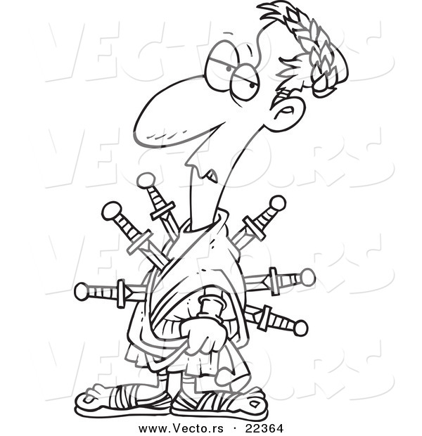 Vector of a Cartoon Caesar Stabbed with Swords - Coloring Page Outline