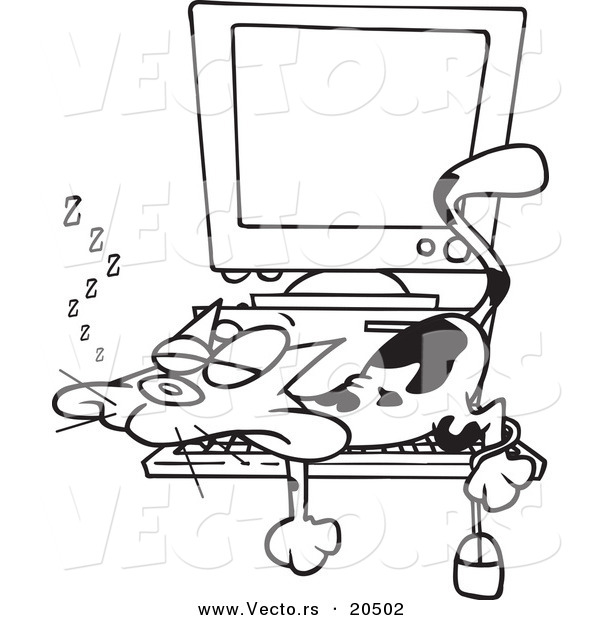 Vector of a Cartoon Calico Cat Napping on a Keyboard - Coloring Page Outline