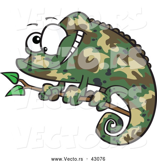 Vector of a Cartoon Camouflage Chameleon Lizard Smiling on a Branch