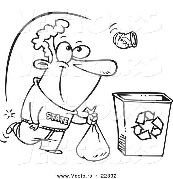 Vector of a Cartoon Can Flying over a Man to a Recycle Bin - Coloring Page Outline