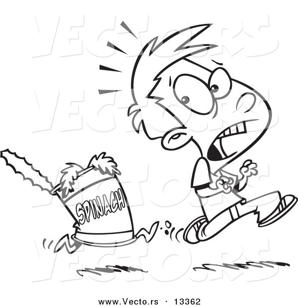 Vector of a Cartoon Can of Spinach Chasing a Boy - Coloring Page Outline