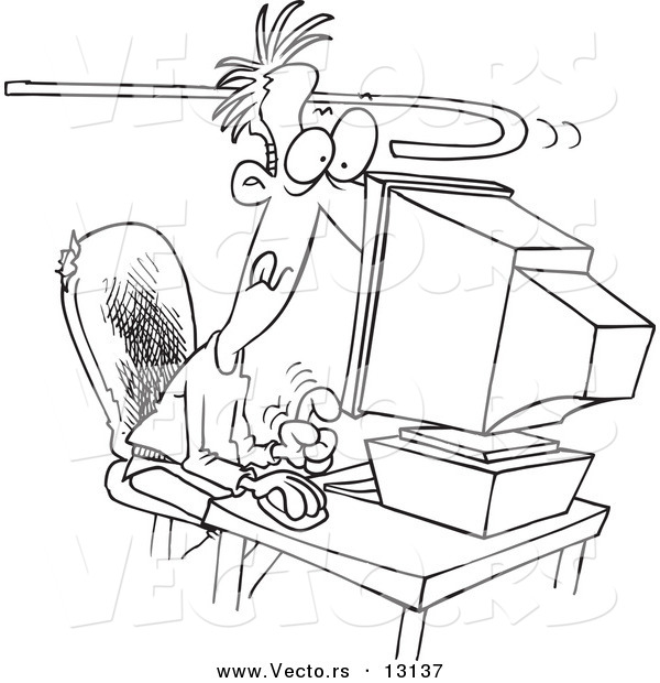 Vector of a Cartoon Cane Reaching to Pull an Addicted Man Away from a Computer - Coloring Page Outline